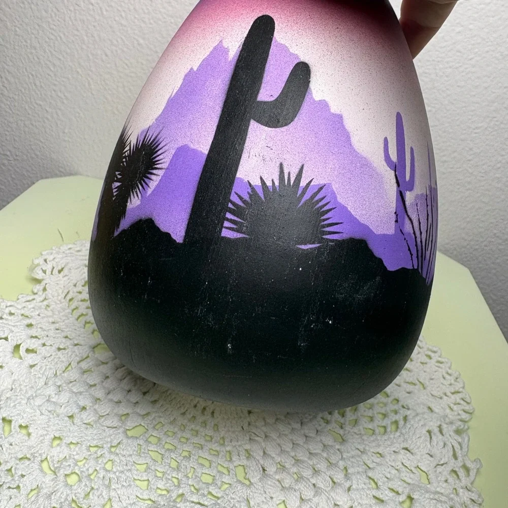 6in Purple Desert Cactus Vase Southwest Boho Hand Painted Pottery